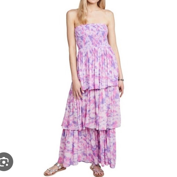 Playa Lucila Maxi Dress Strapless Tiered Maxi Dress Shirred Top Purple Pastel XS - Picture 16 of 16